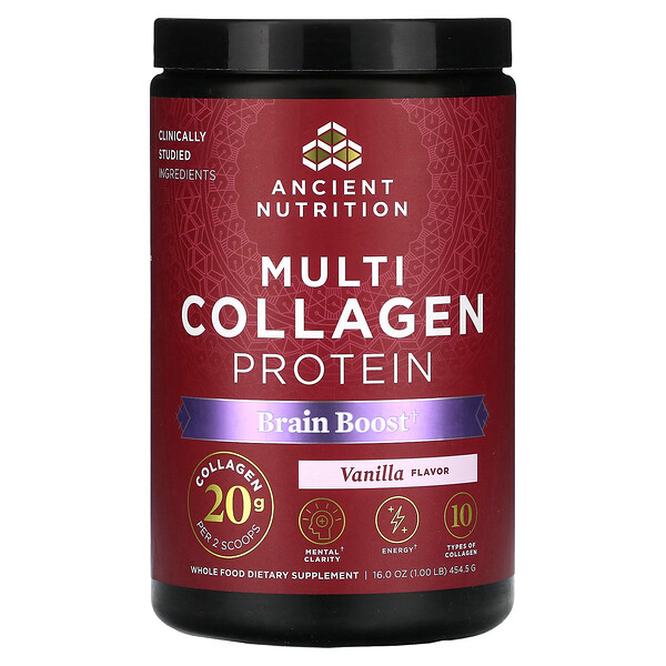 Multi Collagen Protein, Brain Boost, ваниль, 1 фунт (454,5 г) Dr. Axe / Ancient Nutrition