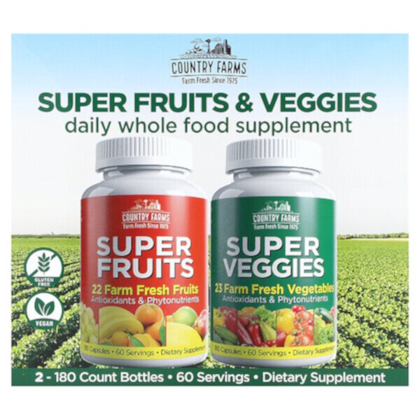 Супер фрукты и овощи, 2 упаковки по 180 капсул в каждой Country Farms