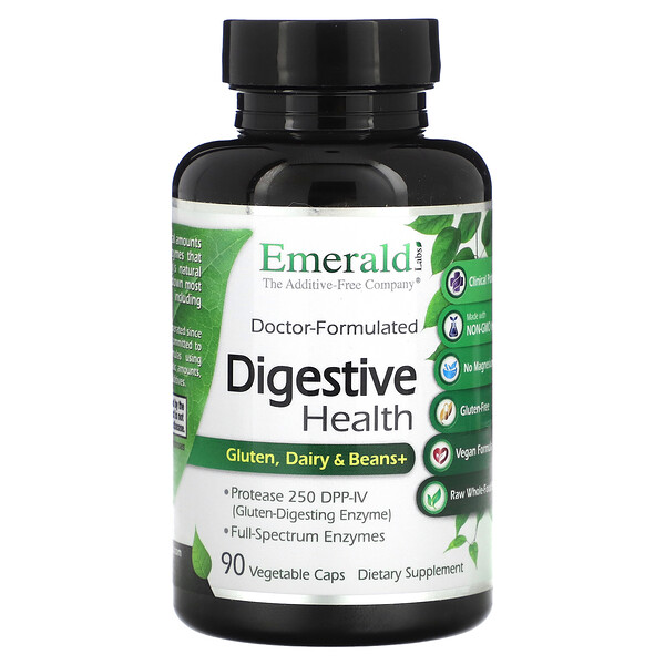 Digestive Health, Gluten, Dairy & Beans+, 90 Vegetable Caps Emerald Labs