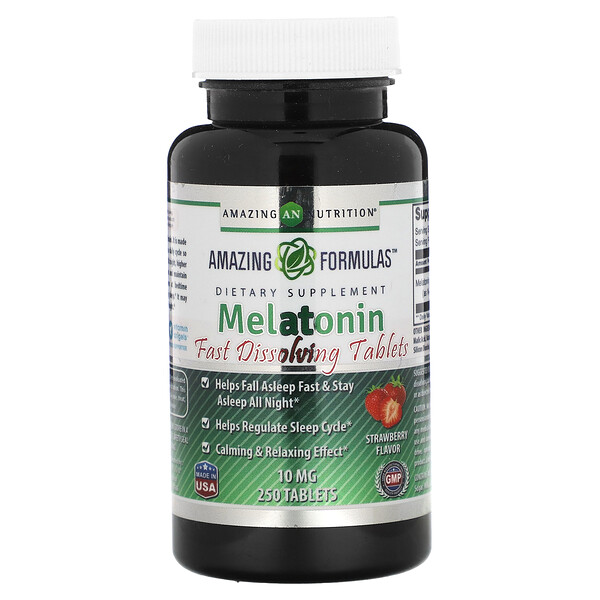 Мелатонин, Клубника, 10 мг, 250 таблеток Amazing Nutrition