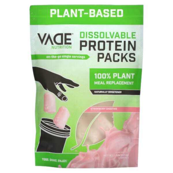 Пакеты растворимых протеинов, 100% заменитель растительной муки, клубничный смузи, 1,34 фунта (607,6 г) Vade Nutrition