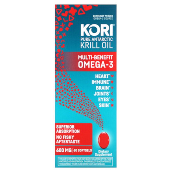 Чистое масло атлантического криля, многофункциональные омега-3, 600 мг, 60 мягких таблеток Kori