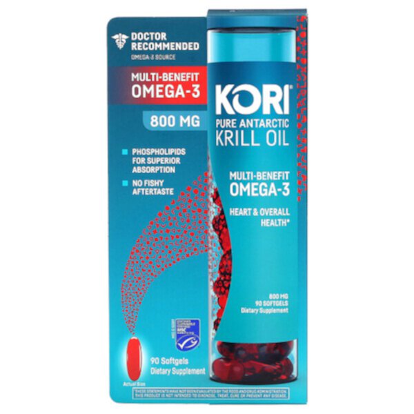 Чистое масло антарктического криля, многофункциональные омега-3, 800 мг, 90 мягких таблеток Kori