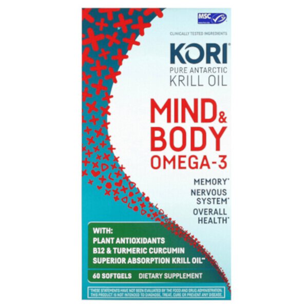 Чистое масло атлантического криля, Омега-3 для ума и тела, 60 мягких таблеток Kori
