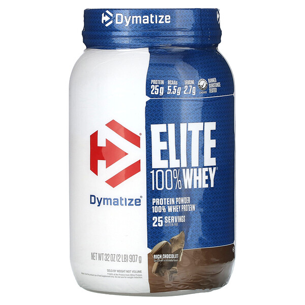 Elite, 100% порошок сывороточного протеина, насыщенный шоколад, 2 фунта (907 г) Dymatize