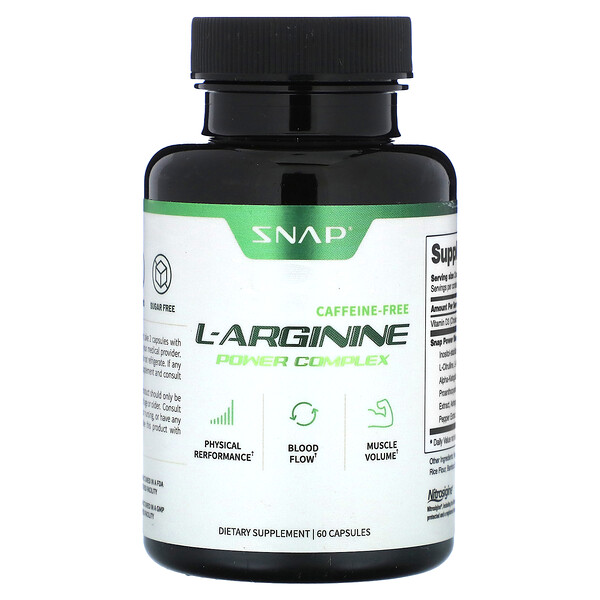 L-аргинин, без кофеина, 60 капсул Snap Supplements
