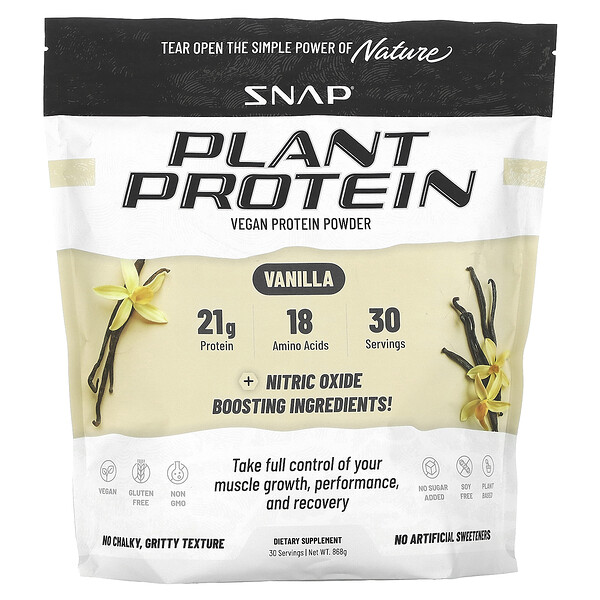 Растительный протеин с усилителем оксида азота, ваниль, 868 г Snap Supplements