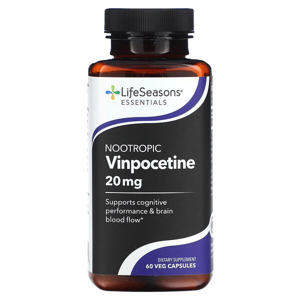 Ноотропный винпоцетин, 20 мг, 60 растительных капсул (10 мг на капсулу) LifeSeasons