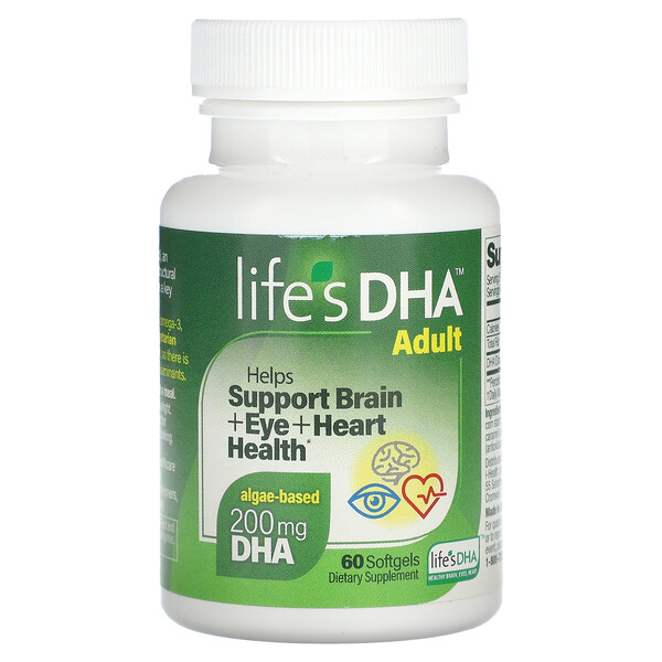 Взрослый, Здоровье мозга + глаз + сердца, 200 мг, 60 мягких таблеток Life's DHA