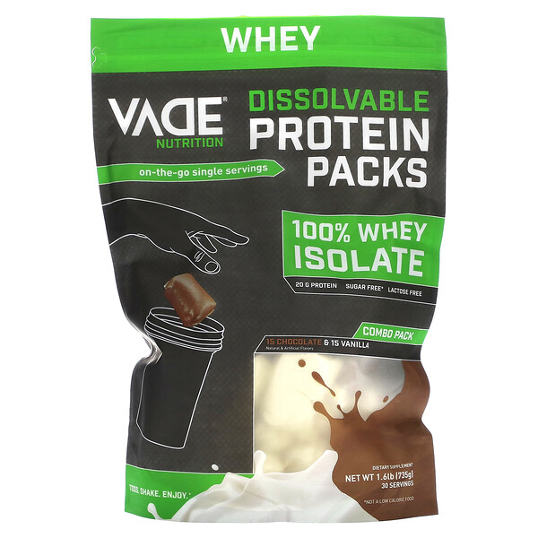 Пакетики с растворимым протеином, 100 % сывороточный изолят, шоколадно-ванильный молочный коктейль, 1,6 фунта (735 г) Vade Nutrition