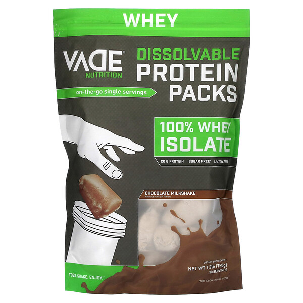 Пакетики с растворимым протеином, 100 % сывороточный изолят, шоколадный молочный коктейль, 750 г (1,7 фунта) Vade Nutrition