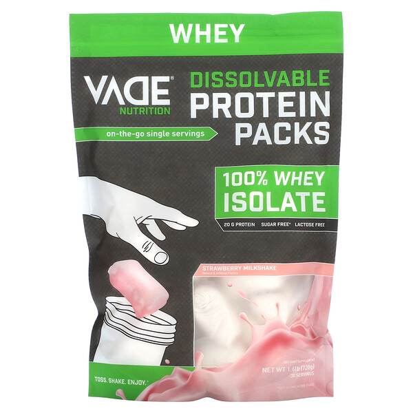 Пакеты растворяемого протеина, 100% изолят, клубничный молочный коктейль, 1,6 фунта (720 г) Vade Nutrition