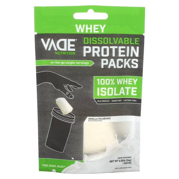 Пакеты растворимых протеинов, 100% сывороточный изолят, ванильный молочный коктейль, 0,05 фунта (24 г) Vade Nutrition