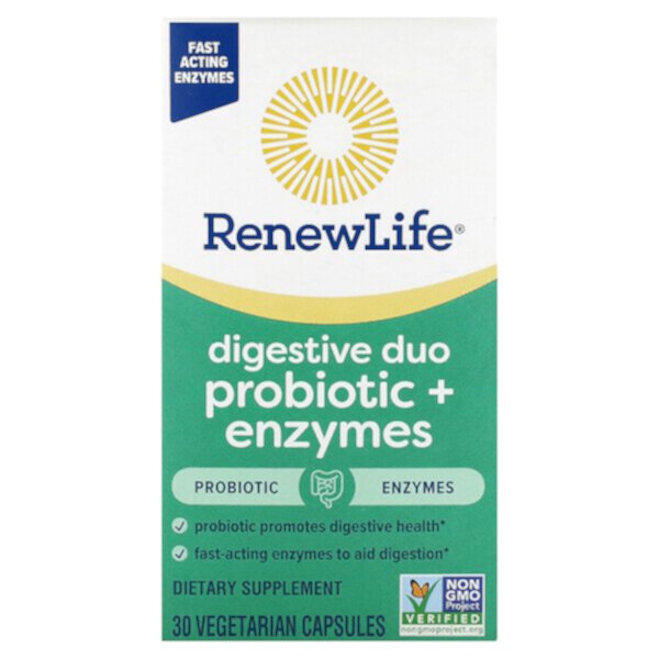 Пищеварительный дуэт пробиотик + ферменты, 30 вегетарианских капсул Renew Life