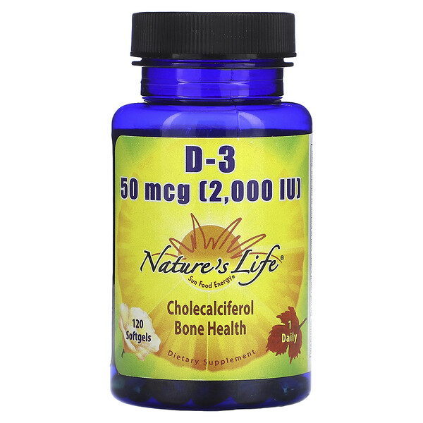 D-3, 50 mcg, 120 Softgels (Мягкие капсулы) Nature's Life