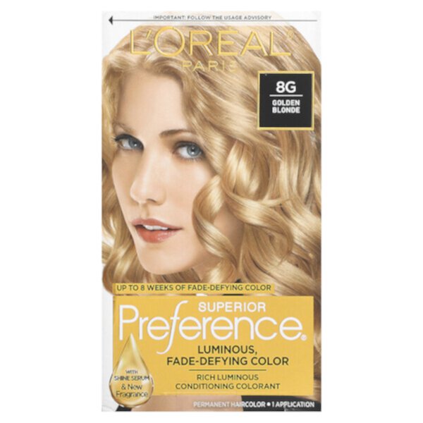 Superior Preference, Сияющий цвет, не выцветающий, золотистый блондин 8G, 1 применение L'oreal