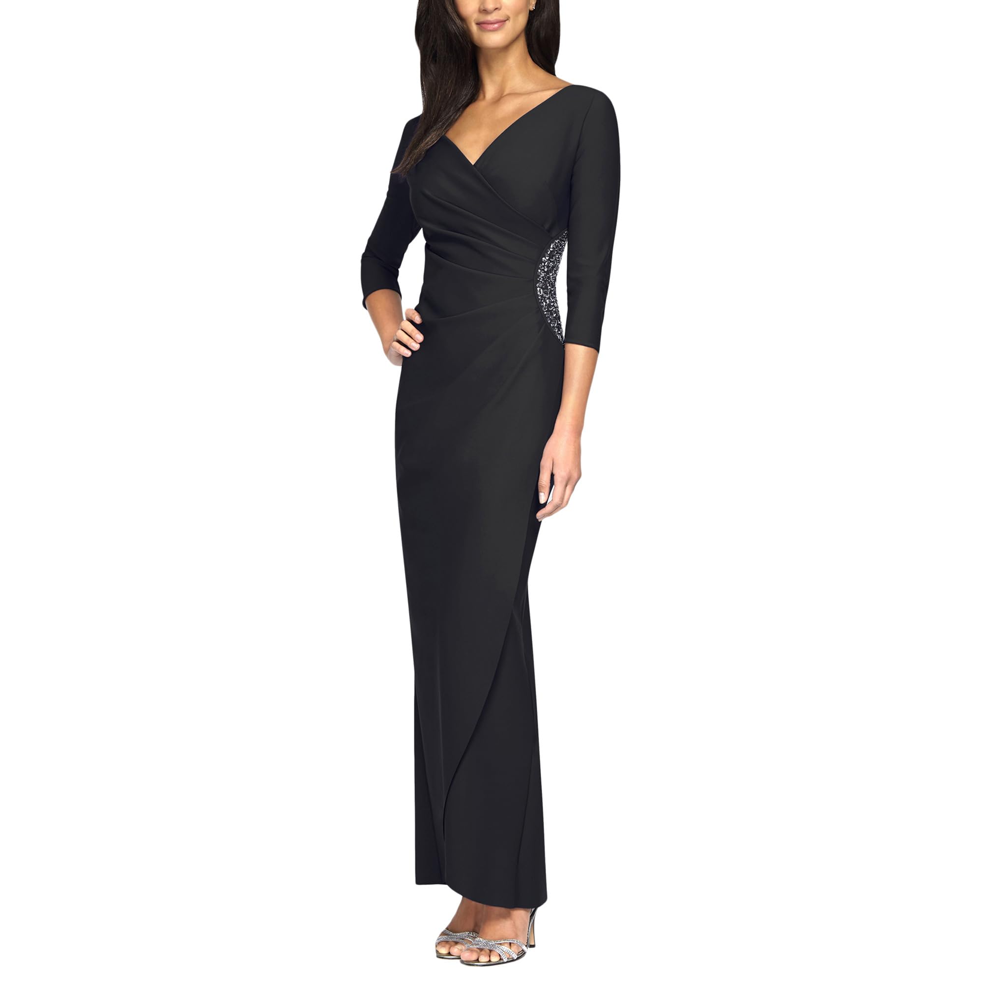 Long Stretch Scuba Dress with Surplice Neckline and 3/4 Sleeves Alex Evenings