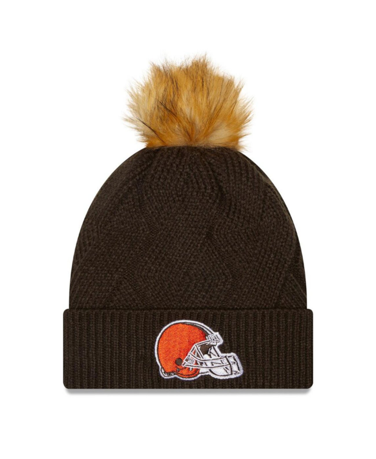 Женская вязаная шапка Cleveland Browns с отворотом и помпоном, коричневая New Era