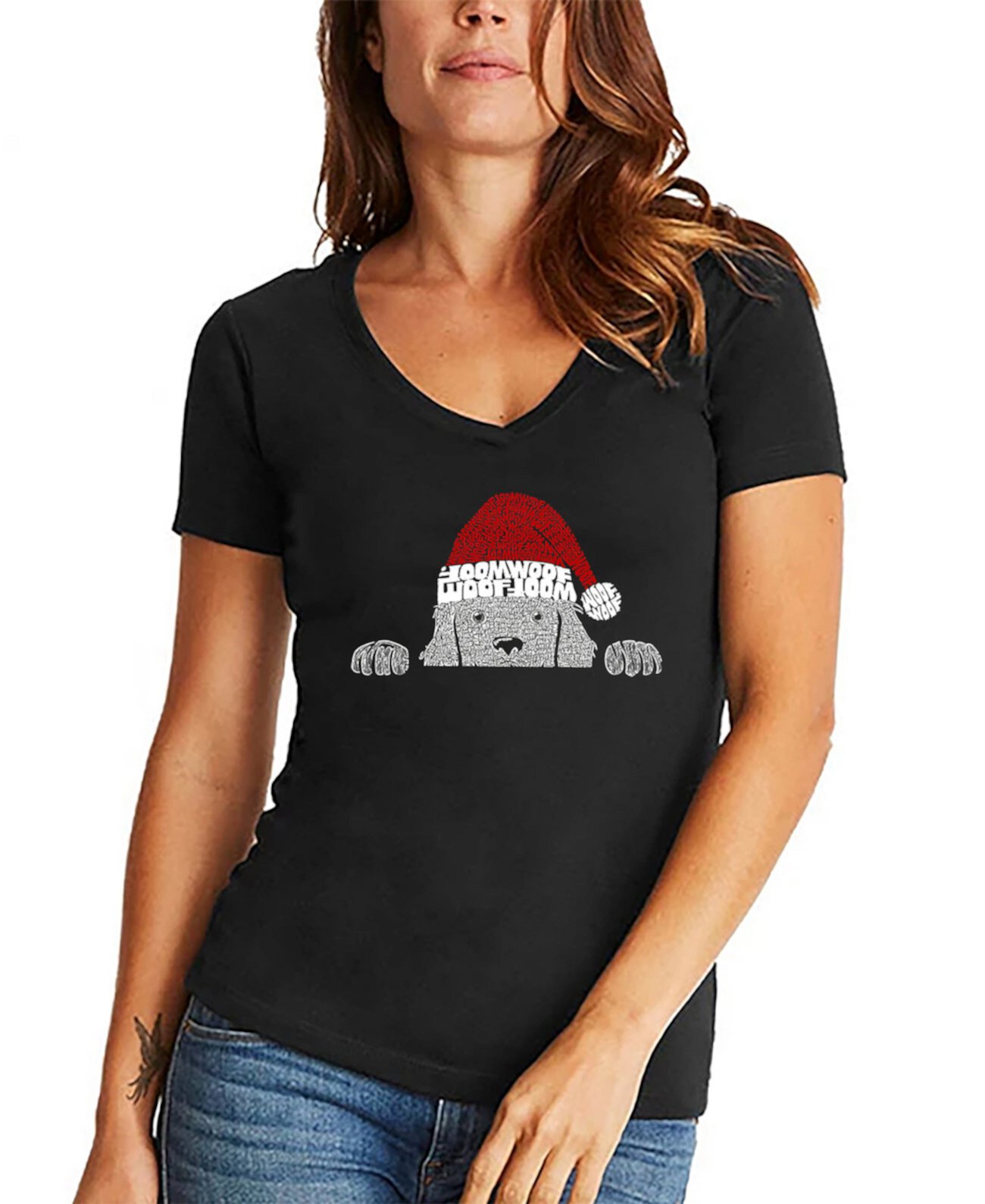 Женская футболка с v-образным вырезом и надписью «Рождественская выглядывающая собака» LA Pop Art