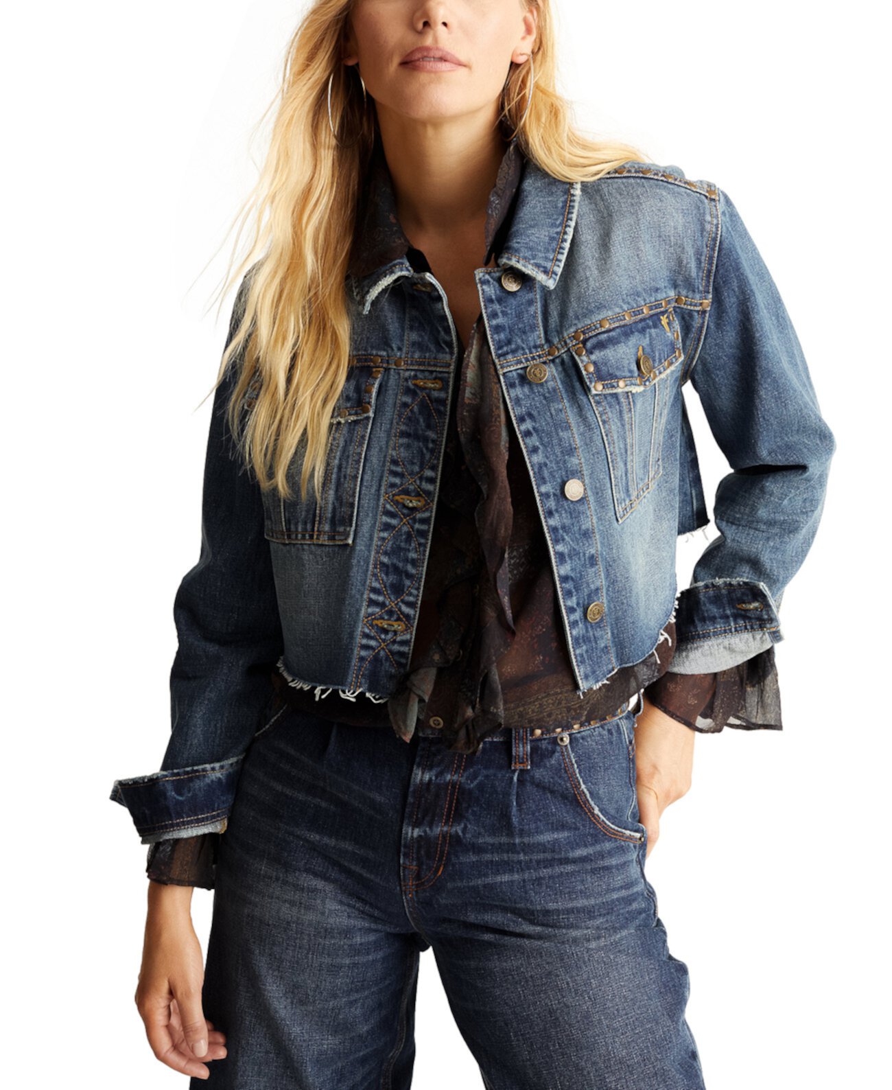 Женская укороченная хлопковая джинсовая куртка карго с заклепками Frye