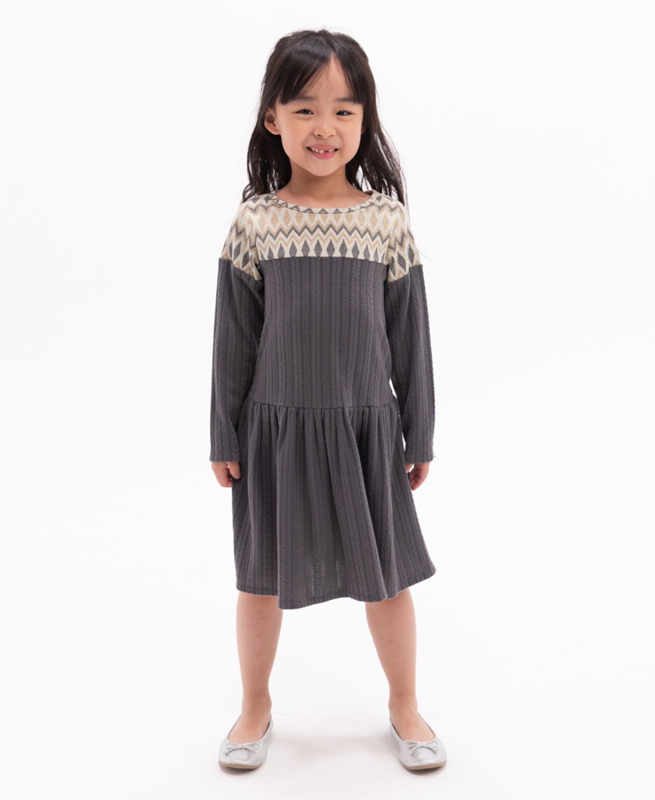 Вязаное платье в рубчик с длинными рукавами и заниженной талией для маленьких девочек Rare Editions