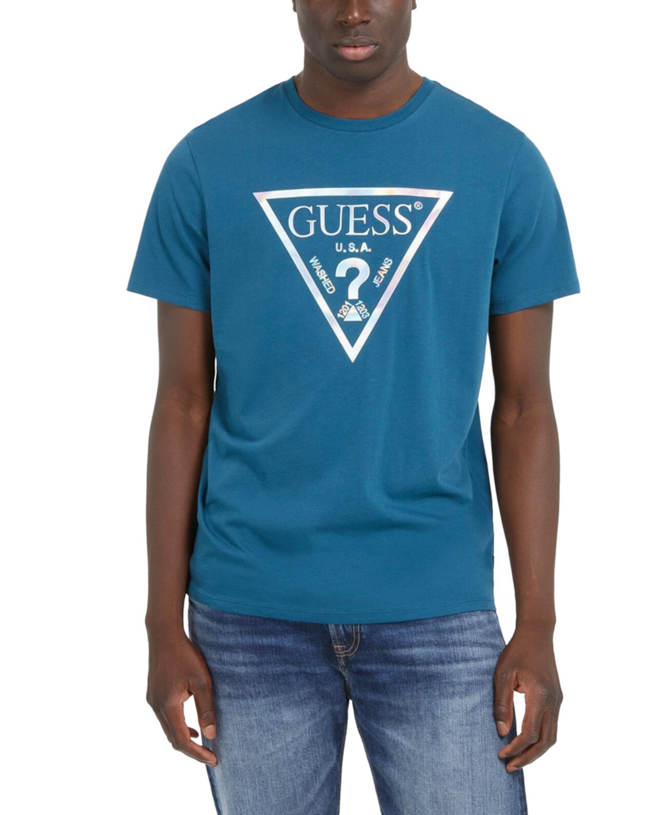 Мужская футболка с круглым вырезом из переливающейся фольги и логотипом GUESS