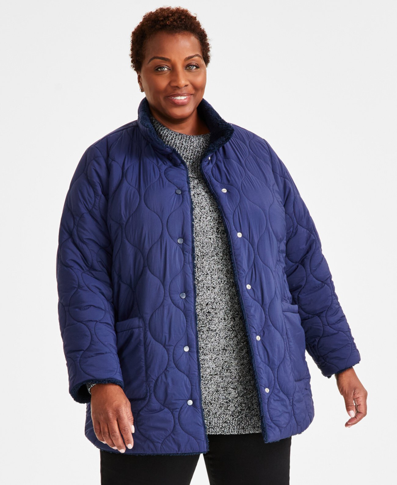 Двусторонняя стеганая куртка из шерпы больших размеров, созданная для Macy's Style & Co