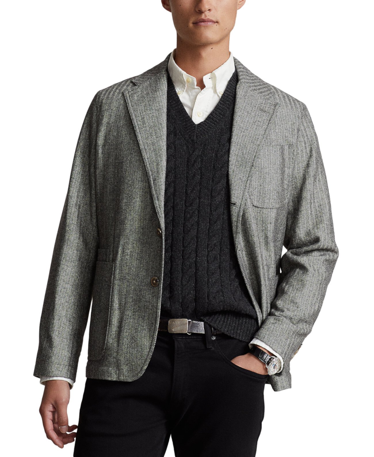 Мужское современное спортивное пальто-поло с узором «елочка» Polo Ralph Lauren