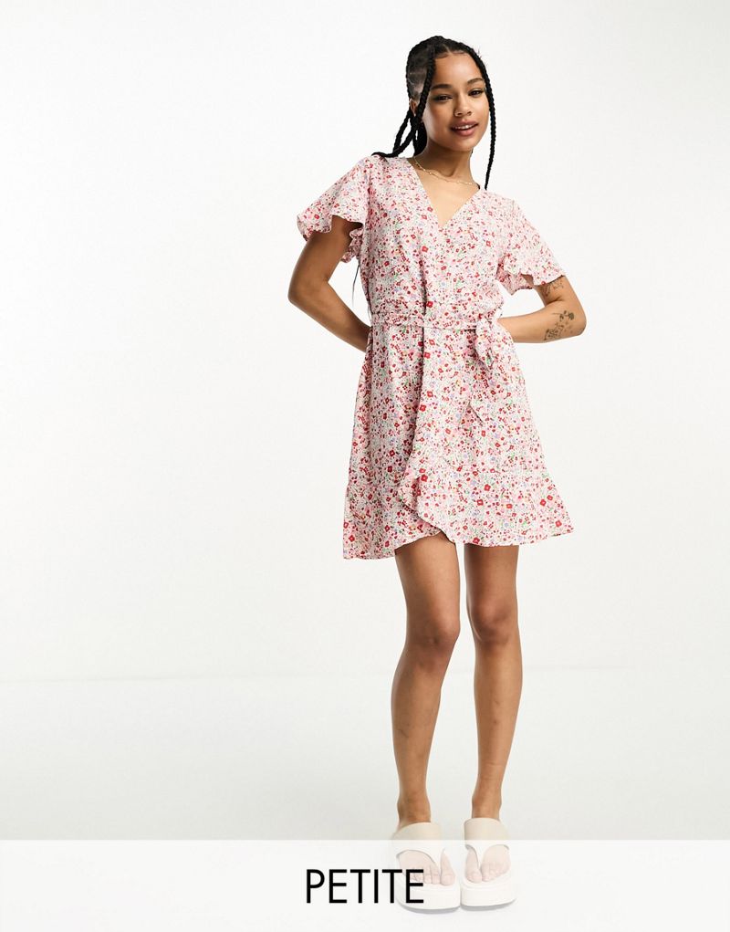 JDY Petite belted wrap mini dress in red and pink floral JDY Petite