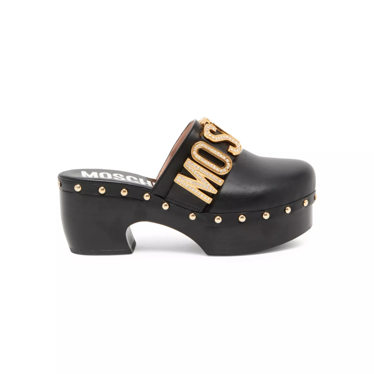 Logo Studded Leather Clogs Moschino