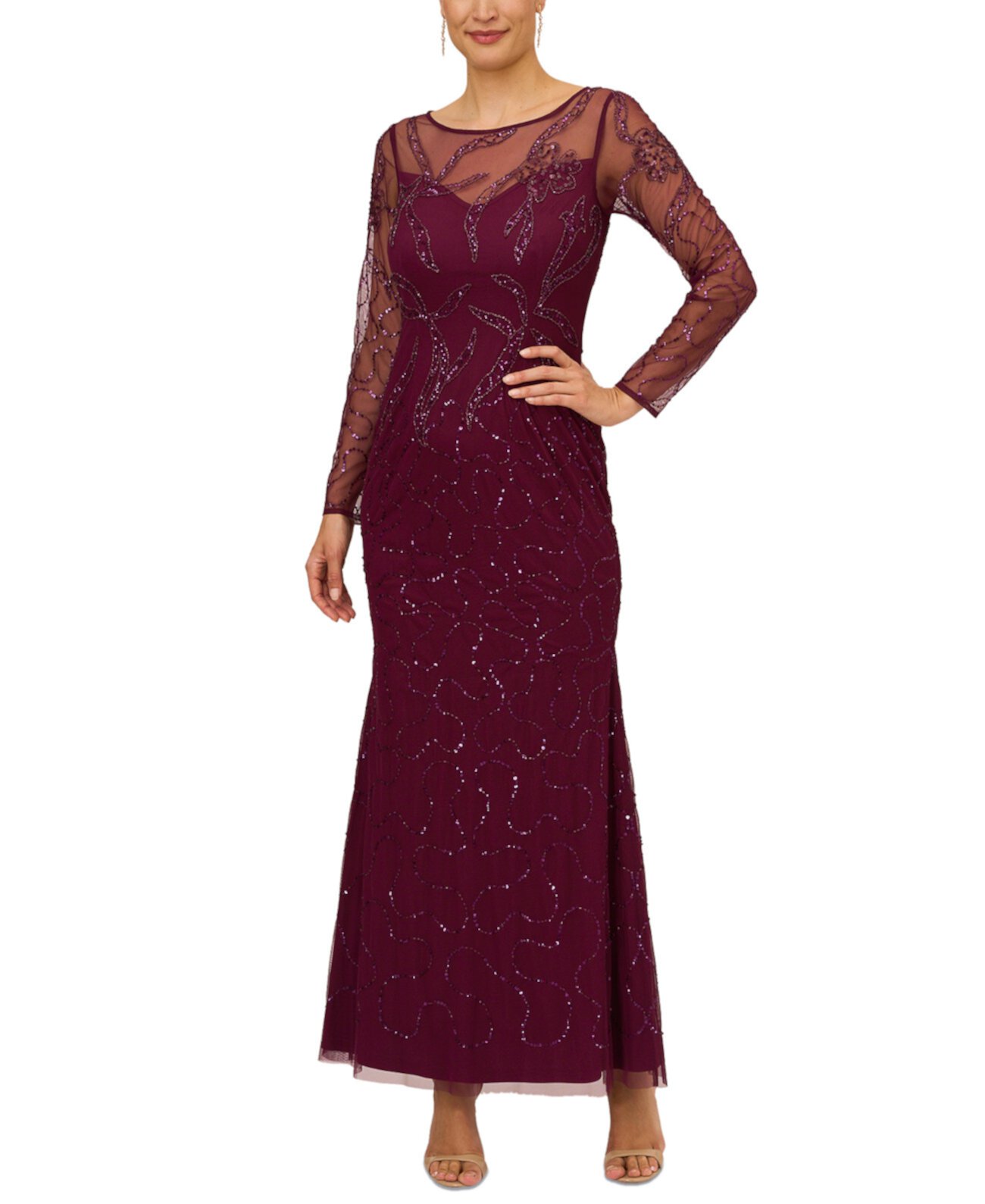 Женское платье с длинными рукавами, расшитое бисером Adrianna Papell