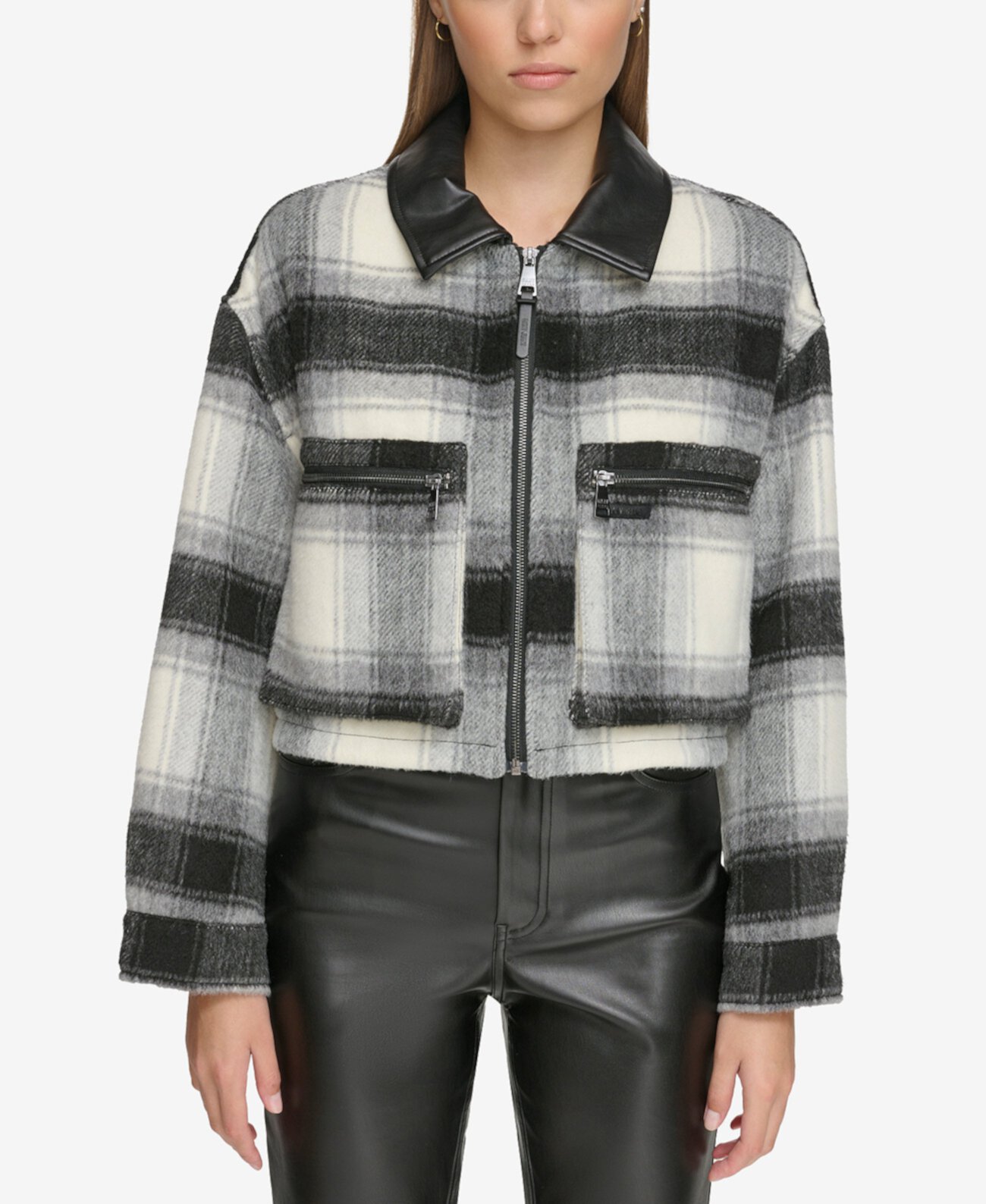 Женская укороченная клетчатая куртка с отделкой из искусственной кожи DKNY