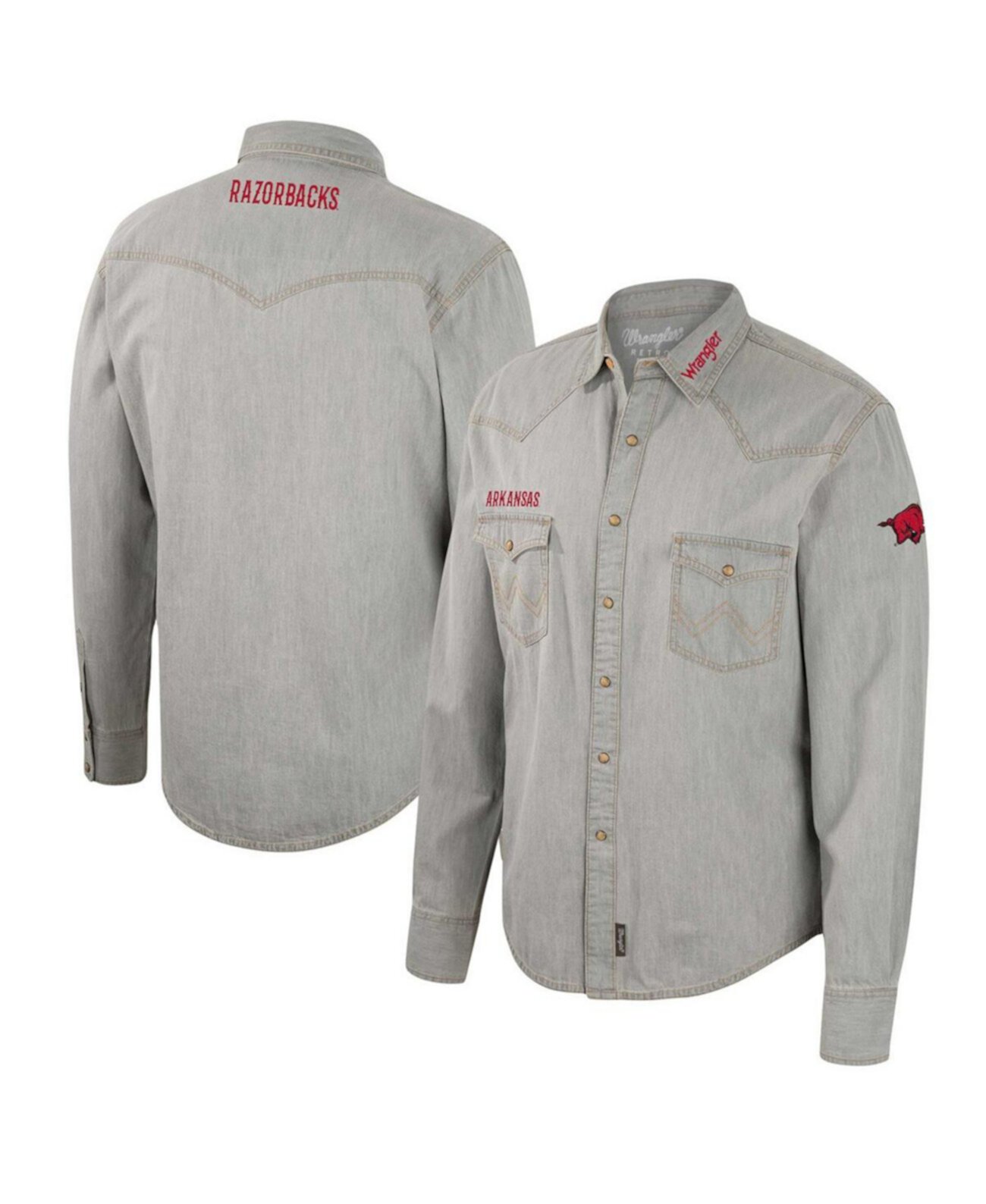 Мужская рубашка в ковбойском стиле с длинными рукавами и застежкой на кнопки в стиле вестерн x Wrangler Grey Arkansas Razorbacks Colosseum