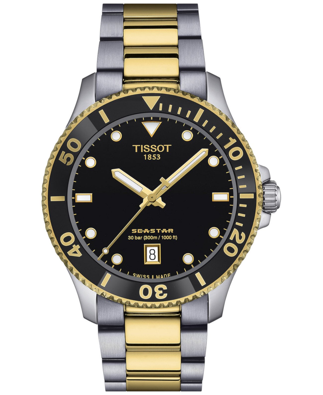 Мужские швейцарские часы Seastar 1000 с двухцветным браслетом из нержавеющей стали, 40 мм Tissot