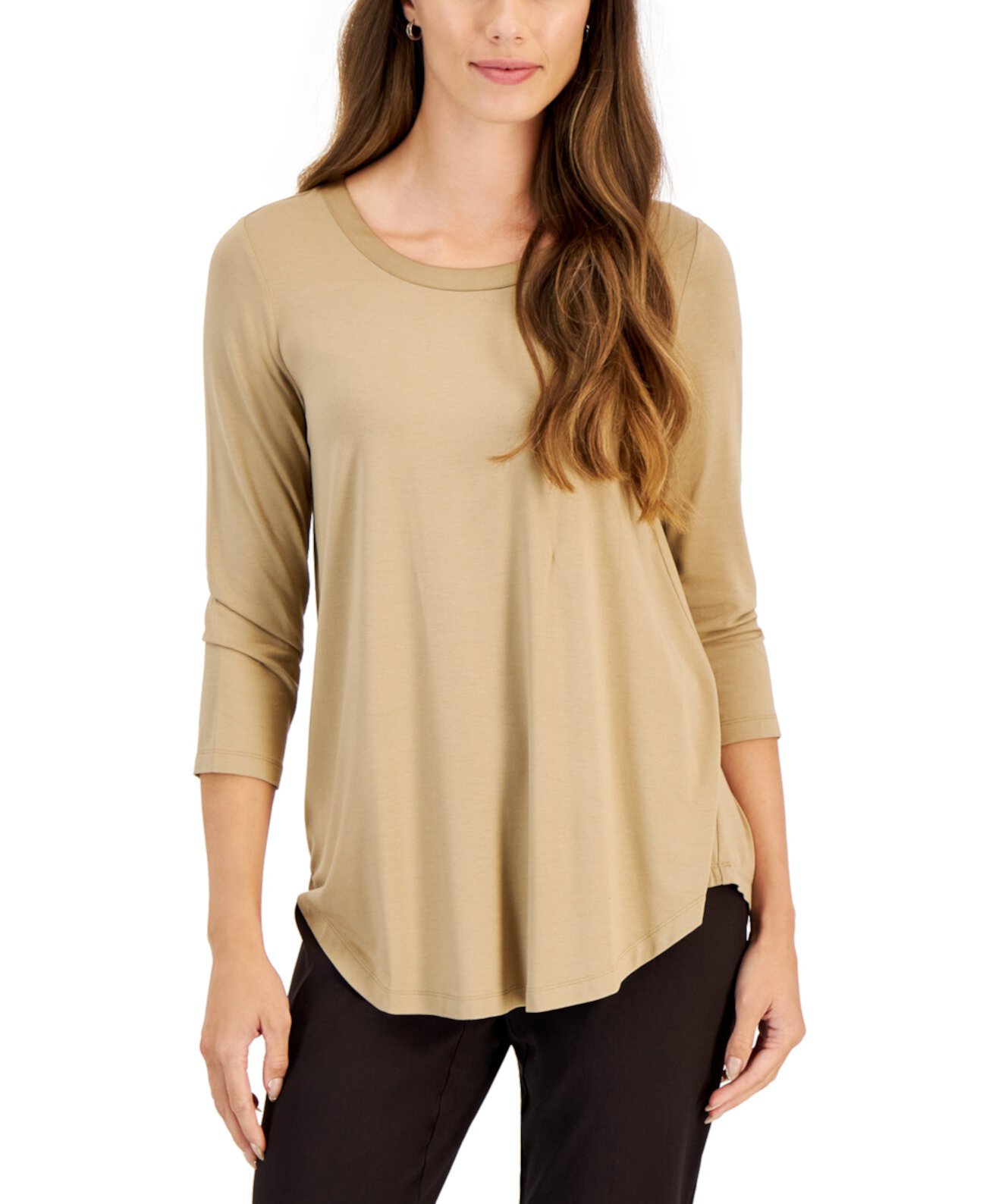 Petite Satin-Trim 3/4-Sleeve Top, Created for Macy's J&M Collection