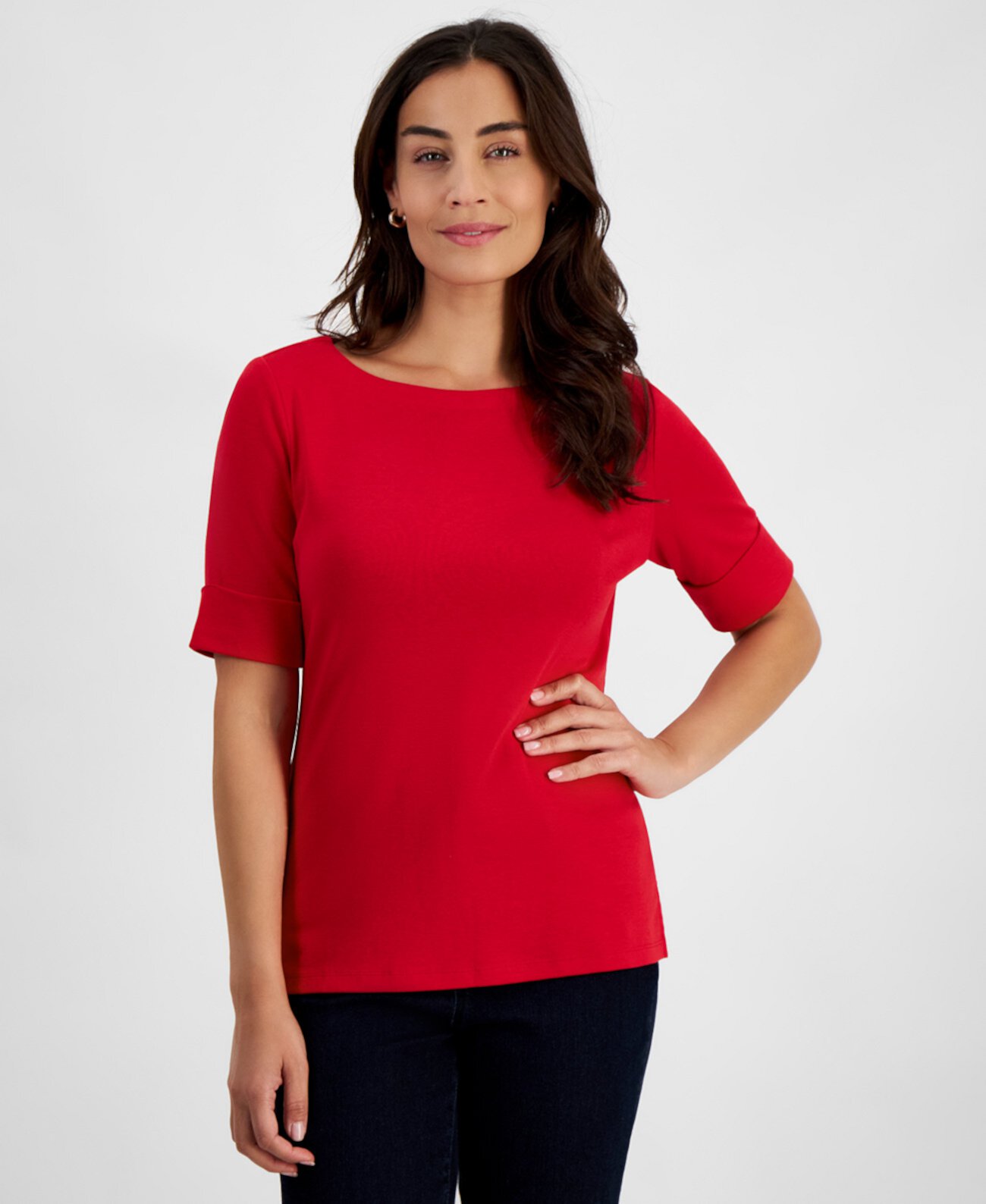 Petite Cotton Elbow-Sleeve Boat-Neck Top, Created for Macy's Style & Co