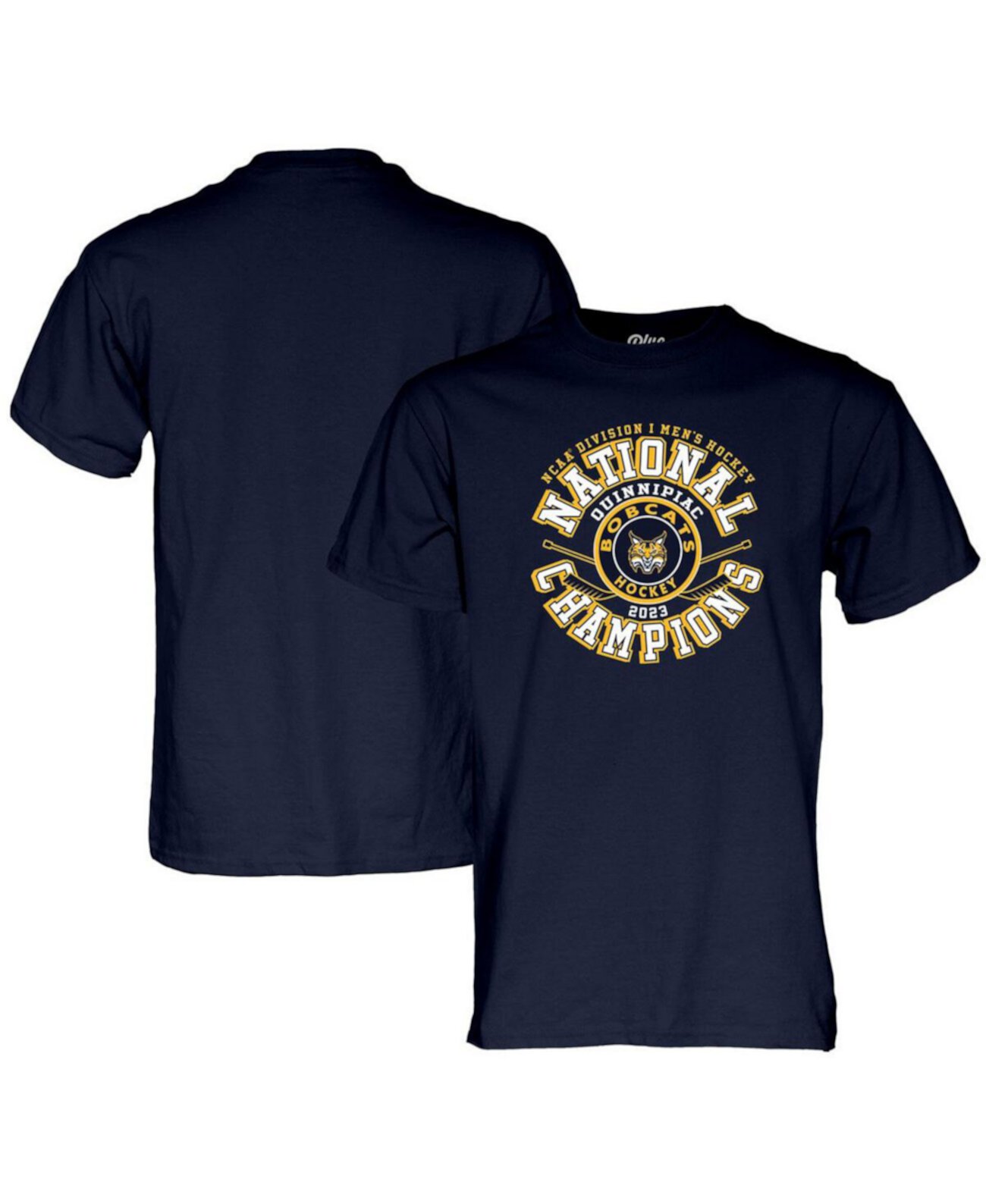 Мужская темно-синяя футболка Quinnipiac Bobcats 2023 NCAA, мужская футболка национальных чемпионов по хоккею с шайбой на верхней ступеньке Blue 84