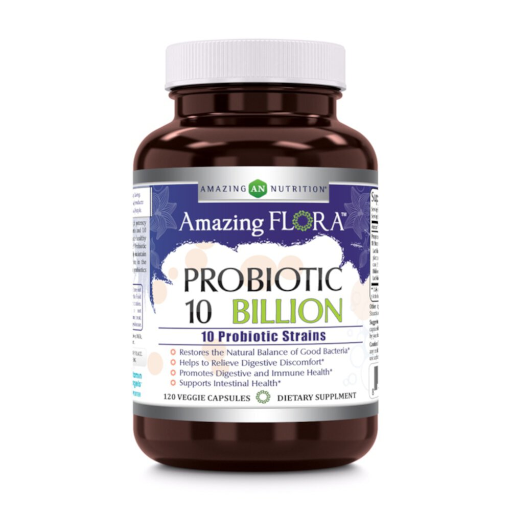 Amazing Flora Probiotic 10 Strains -- 10 billion - 120 Veggie Capsules (Капсулы на растительной основе) Amazing Nutrition