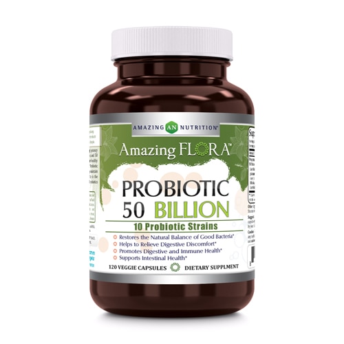 Amazing Flora Probiotic 10 Strains -- 50 billion - 120 Veggie Capsules (Капсулы на растительной основе) Amazing Nutrition