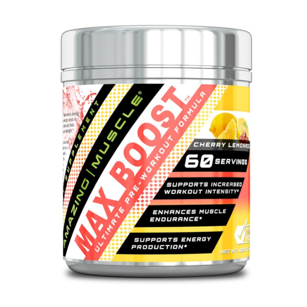 Max Boost — усовершенствованная предтренировочная формула с вишневым лимонадом, 60 порций Amazing Muscle