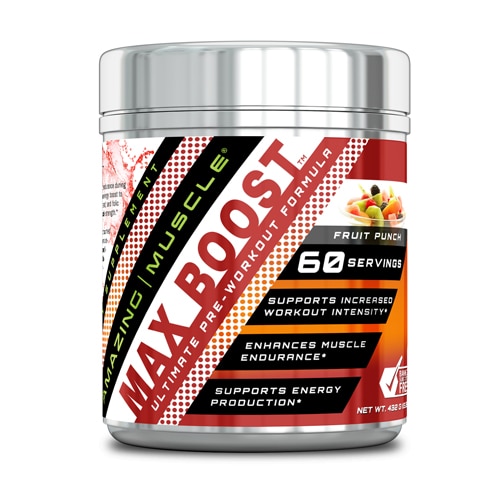 Max Boost — усовершенствованная формула фруктового пунша перед тренировкой, 60 порций Amazing Muscle