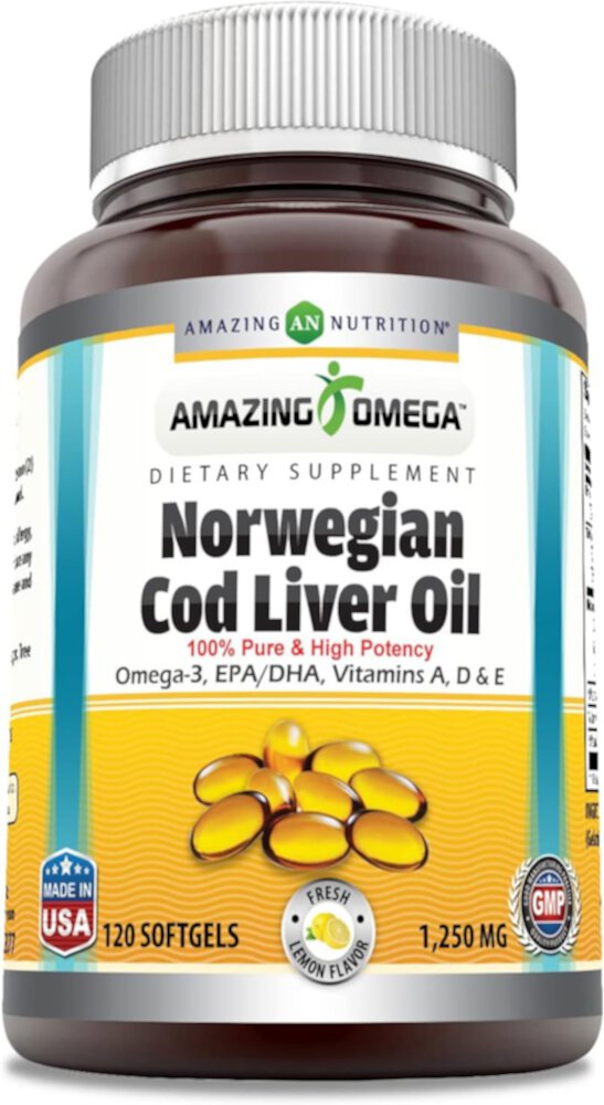 Amazing Omega масло печени норвежской трески, свежий лимон, 1250 мг, 120 мягких таблеток Amazing Nutrition