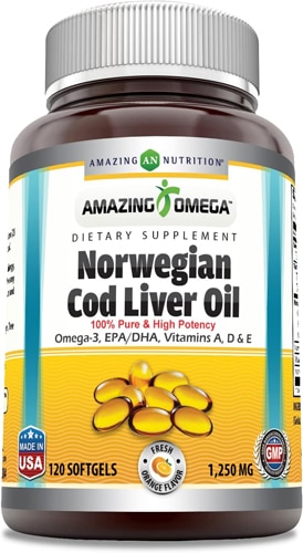 Amazing Omega масло печени норвежской трески, свежий апельсин, 1250 мг, 120 мягких таблеток Amazing Nutrition