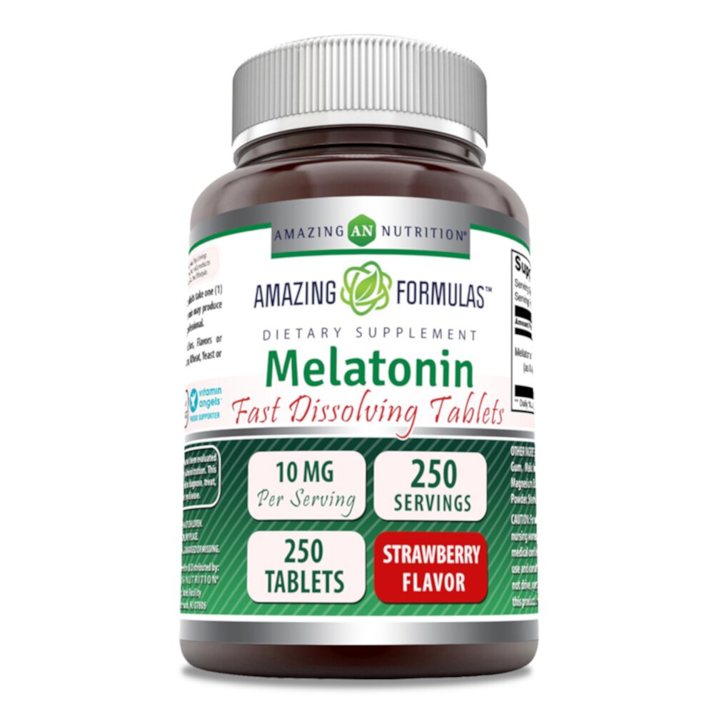 Быстрорастворимые таблетки мелатонина с клубникой, 10 мг, 250 таблеток Amazing Nutrition