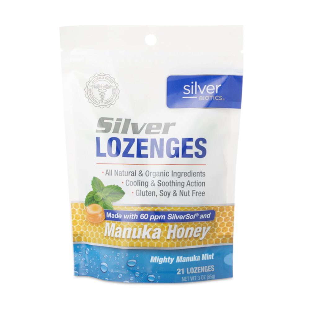 Серебряные пастилки Manuka Honey Mighty Mint — 21 пастилка American Biotech Labs