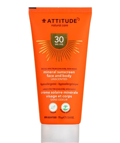 Минеральный солнцезащитный крем для лица и тела SPF 30, без запаха, 2,6 унции ATTITUDE