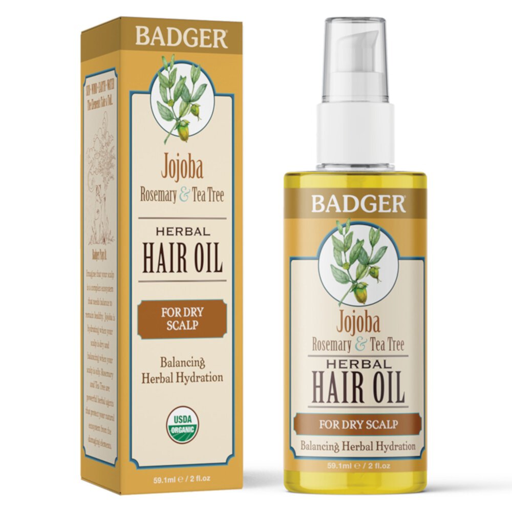 Органическое травяное масло для волос с жожоба, розмарином и чайным деревом, 2 жидких унции Badger Basket