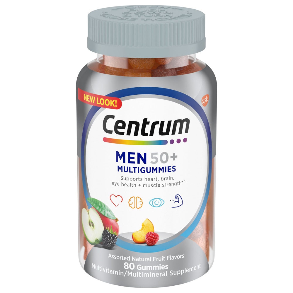 Мультивитаминная добавка MultiGummies для мужчин 50 плюс, ассорти из натуральных фруктов, 80 жевательных конфет Centrum