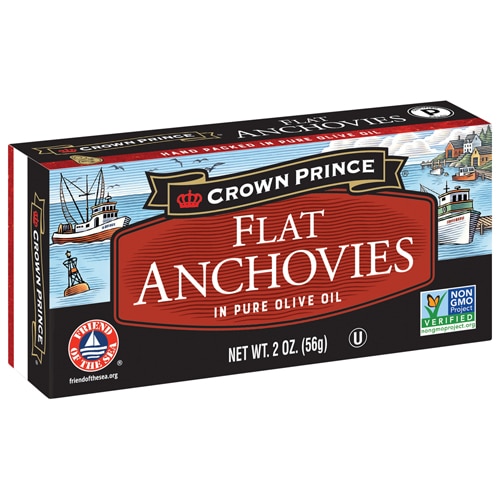 Non-GMO Flat Anchovies In Olive Oil -- 2 oz Crown Prince