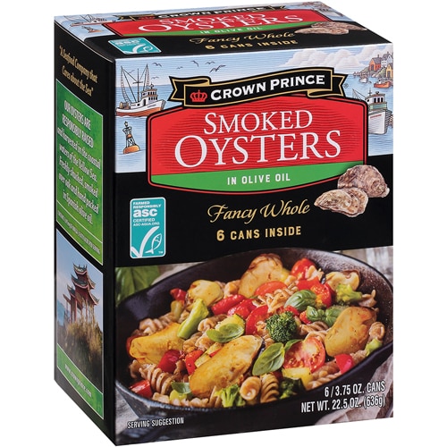 Non-GMO Smoked Oysters in Olive Oil 6 Cans -- 22.5 oz Crown Prince